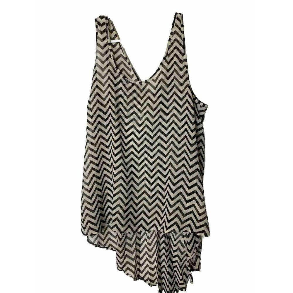 Vintage Y2K Women’s LARGE 12/14 SLEEVELESS TANK SHIRT TOP SHEER CHEVRON BLK
